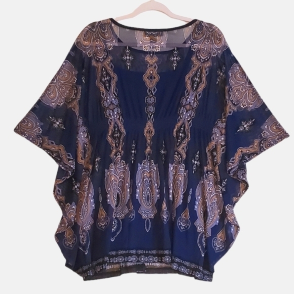 Inc International Concepts Blue‎ Lined Blouse Sheer Paisley Overlay Medium Women